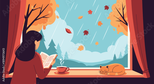 Young woman enjoys a quiet moment reading a book on a windowsill while her cat naps during a rainy autumn day.