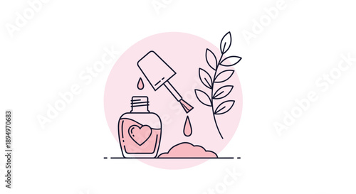Simple line icon of a heart decorated nail polish bottle being used with a brush and pink liquid on white background.