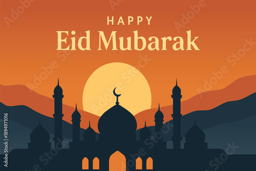 Vibrant sunset scene featuring a grand mosque silhouette against an orange sky, perfect for Eid Mubarak greetings, festive cards, banners, and seasonal stock collections.