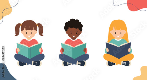 Three diverse children sitting cross legged and focused on reading their books against an abstract background.