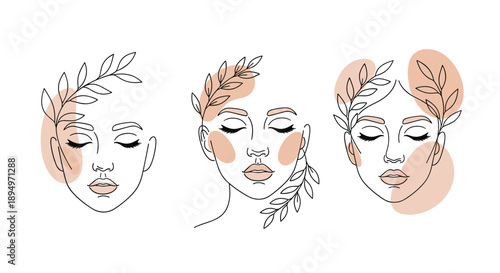 Minimalist line art collection of three beautiful female faces with eyes closed and delicate leaf hair accessories.
