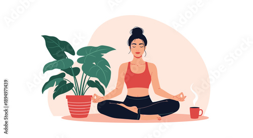 Peaceful woman practicing yoga at home in a lotus position next to a large potted plant and a cup of steaming tea.
