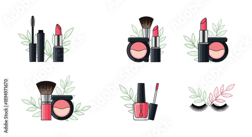 Collection of stylish beauty icons including lipstick, makeup brushes, mascara, and false eyelashes with leaves.