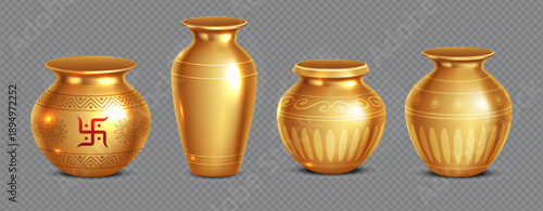 Set of four unique golden vases with intricate designs
