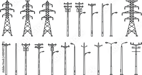 Assortment of line art illustrations of electricity pylons, utility poles, and street lights Keywords: electricity pylon, high