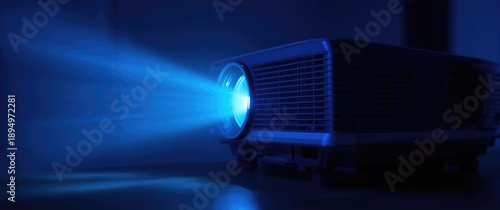Projector for presentation captured in close-up with blue light tone