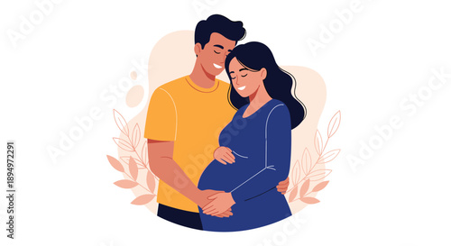 Loving man tenderly embraces his pregnant wife from behind as they both look down at her belly with affection.