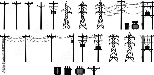 Assortment of black silhouette electrical power poles and transformers Keywords: electrical pole, power pole, utility pole