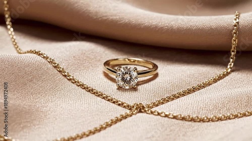 Elegant gold jewelry collection featuring a sparkling engagement ring and delicate chain necklaces displayed on soft satin fabric