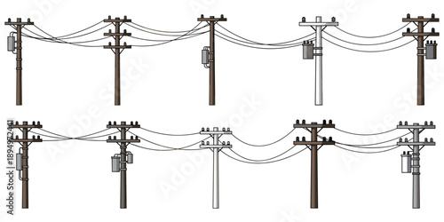Assortment of wooden and metal utility poles with wires and transformers power pole electricity pole