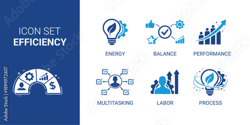 Business Efficiency Icon Set with Productivity, Performance, Process, Energy and Multitasking Symbols