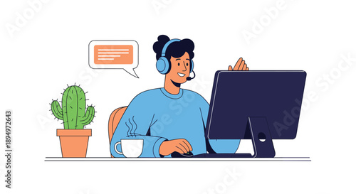 Professional customer support representative with headset working on computer at desk with coffee mug and small cactus plant nearby.