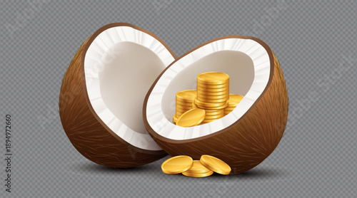 Cracked open coconut revealing stacks of golden coins inside