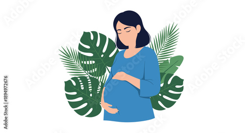 Pregnant woman wearing a blue dress gently touching her baby bump with lush green tropical leaves as a decorative background element.