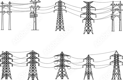 Black and White Line Art Illustrations of Electricity Transmission Towers and Poles Keywords: electricity, power, transmission