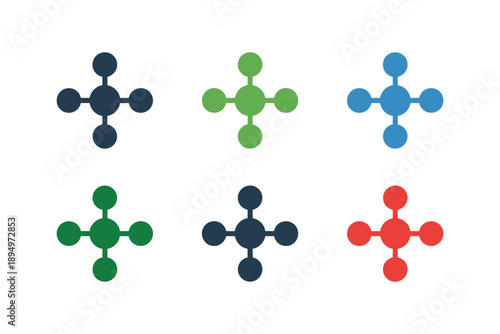 Molecular structure icons in green and blue colors on white background