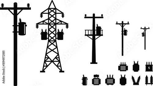 Black Silhouette Electrical Poles Power Tower Transformers And Insulators electricity energy