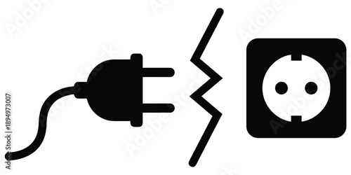 Black silhouette of a broken electrical plug and socket with a lightning bolt Keywords: electricity, power, plug, socket, broken