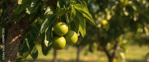 Three green bergamot fruits on a bergamot tree surrounded by leaves
