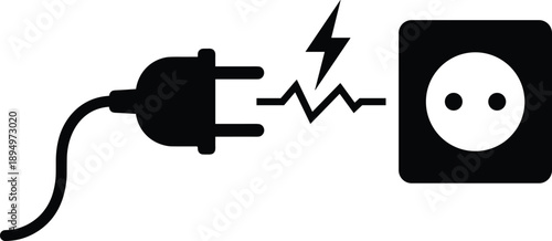 Black silhouette of a power plug, socket, and a broken electrical connection Keywords: electricity, power, plug, socket, broken