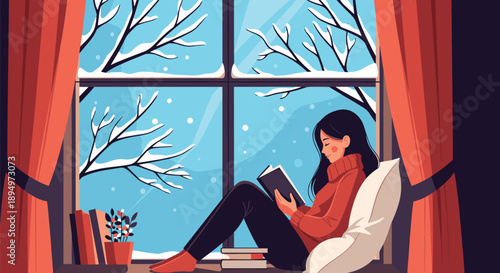 Young woman sitting by a window reading a book while it snows outside with cozy curtains and pillows for extra comfort in winter.