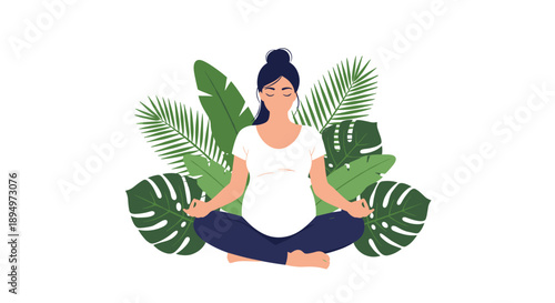 Pregnant woman practicing yoga in lotus position with tropical leaves background representing prenatal health and maternal wellness.