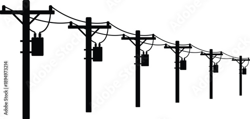 Black Silhouette Of Electrical Poles With Transformers And Wires electricity power