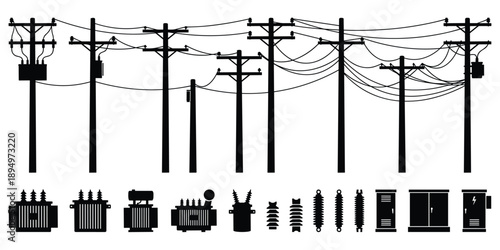 Black Silhouette Set Of Electrical Poles Transformers And Insulators electricity power