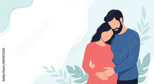 Loving couple expecting a baby with husband hugging his pregnant wife from behind while touching her belly bump very affectionately.