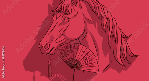Elegant Horse Head with Traditional Chinese Fan Illustration.