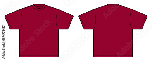 Red Oversized Cropped Street T-Shirt Technical Fashion Illustration. Modern Drop Shoulder Boxy Tee Vector Template. Front and Back Views. Unisex Apparel CAD Mockup.