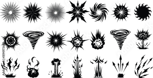Collection of Black Explosions and Tornadoes Graphic Elements blast burst
