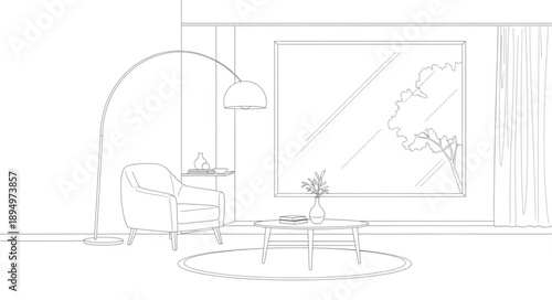 Modern living room interior sketch with furniture and decor.