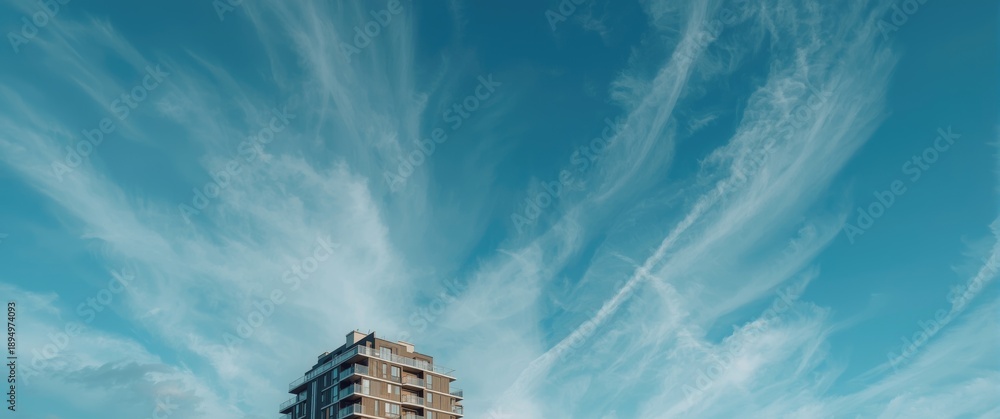 Fototapeta premium Low angle view of a residential building's exterior featuring balconies under a blue sky. Space for text