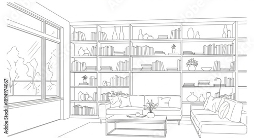 Modern living room interior sketch with large window and bookshelves.