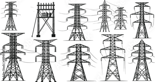 Collection of Black Silhouettes of High Voltage Electricity Towers and Poles Keywords: electricity, power, transmission, tower