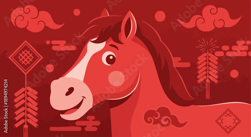Cartoon horse with white blaze on red background.