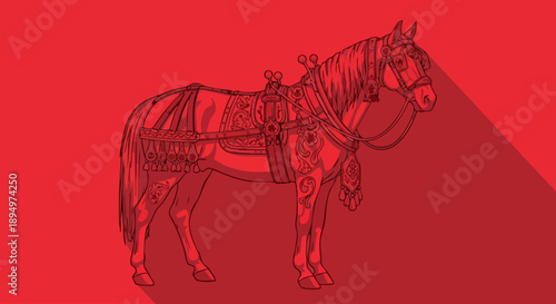 Detailed Illustration of a Saddled Horse on a Red Background.
