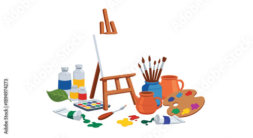 Complete artist workspace featuring a wooden easel with a blank canvas paints brushes palette and other creative art supplies.