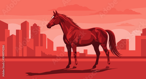 Majestic Chestnut Horse Standing Proudly in Urban Landscape.