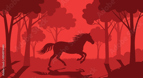 Silhouette of a majestic horse running freely in a forest.