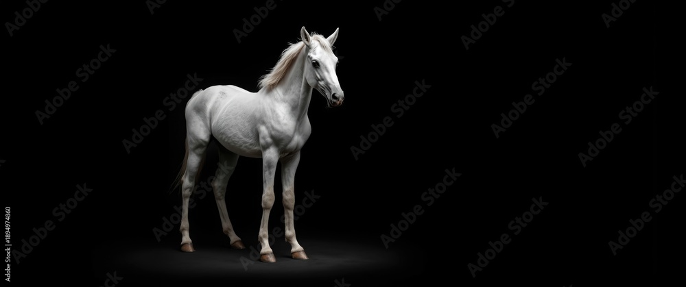 Fototapeta premium Isolated white horse, young and facing away, dark background with space for text