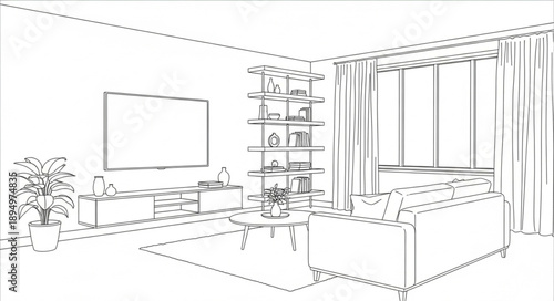 Modern Living Room Interior Design Sketch with Furniture and Decor.