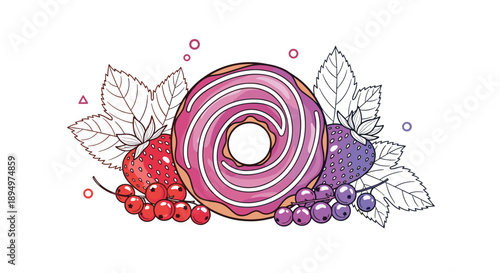 Sweet donut with pink icing and white drizzle surrounded by strawberries purple currants and detailed black leaf outlines.