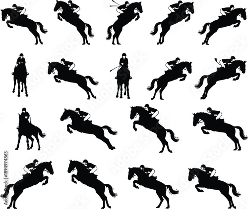 Equestrian show jumping motion silhouettes showing horse rider technique action sequence isolated on white background competitive sports vector illustration set collection pack