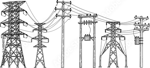Detailed Black and White Line Drawing of Electrical Transmission Towers and Poles Keywords: electrical transmission towers power