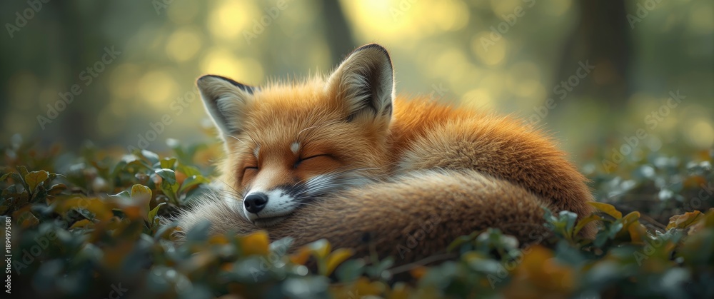 Fototapeta premium Sleeping red fox with fluffy fur at Zao Fox Village - close-up shot