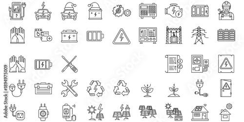 Electrical energy and renewable resources icons in outline style electricity power