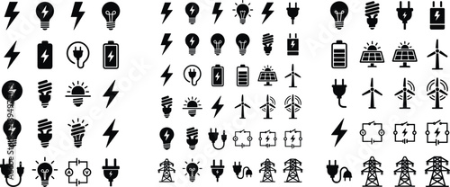 Extensive Collection of Black Icons Representing Electricity and Energy Sources symbols lightning bolt
