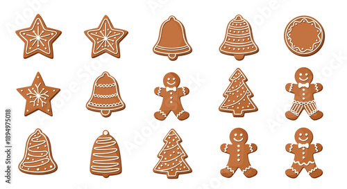 Large collection of decorated gingerbread cookies in various festive shapes like stars bells trees and men for a Christmas party.